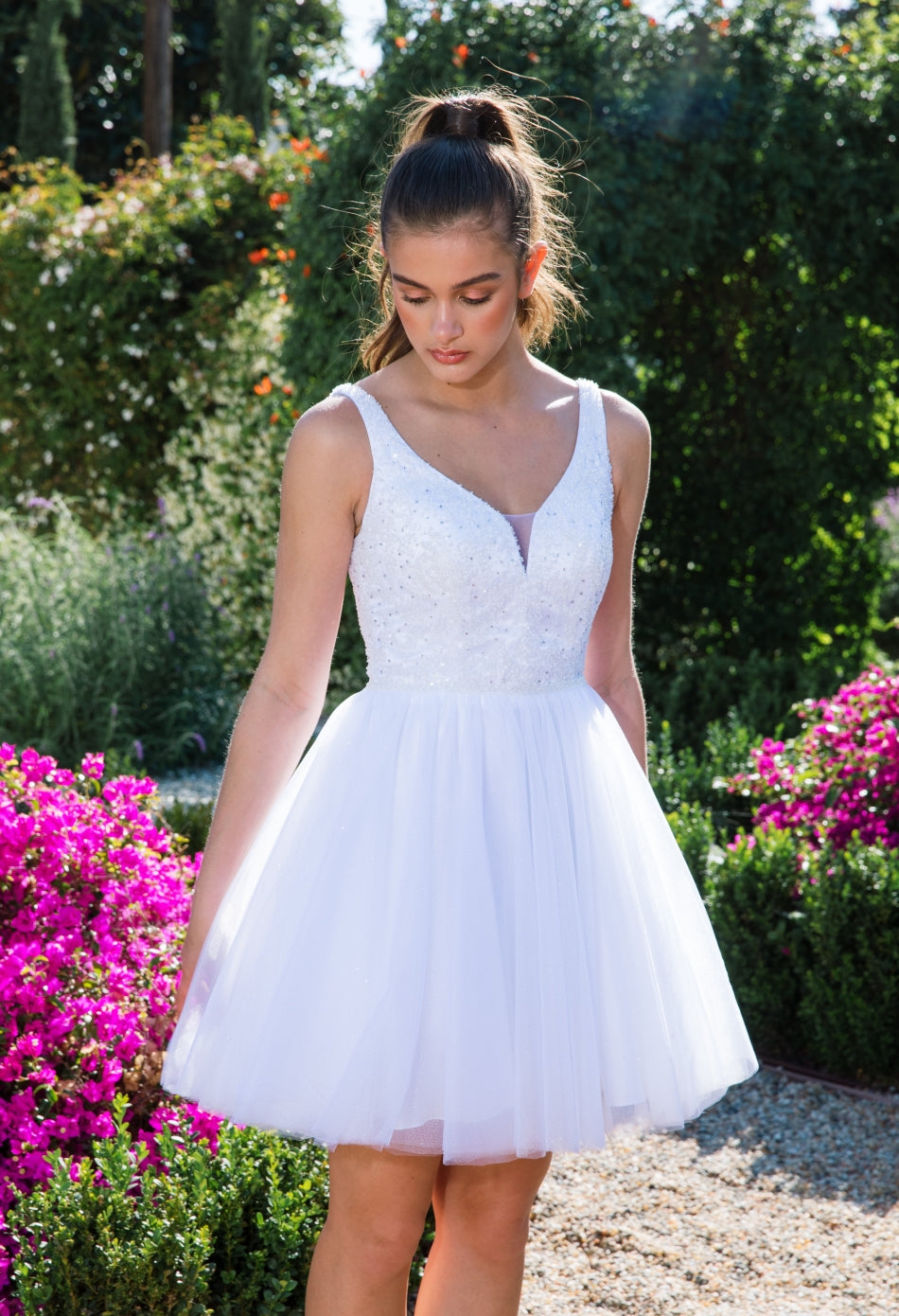 Beaded Short V-Neck A-line Dress by Eureka 9926