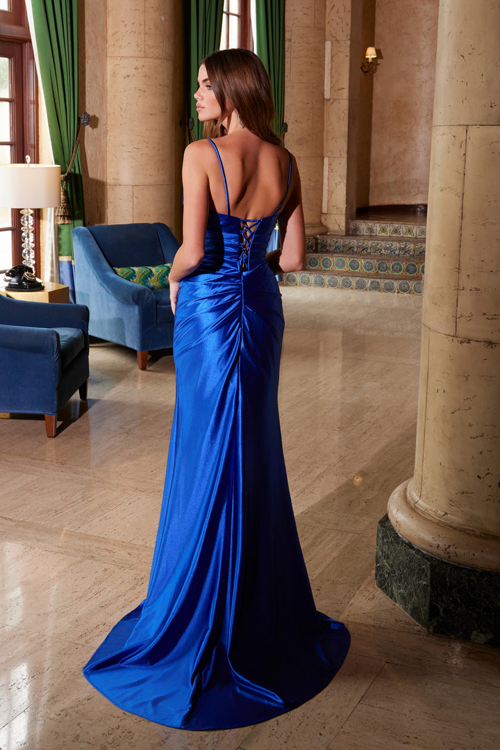 Satin Fitted V-Neck Slit Gown by Nox Anabel A1588