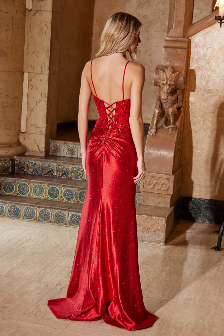 Applique Satin Sleeveless Slit Gown by Nox Anabel A1590