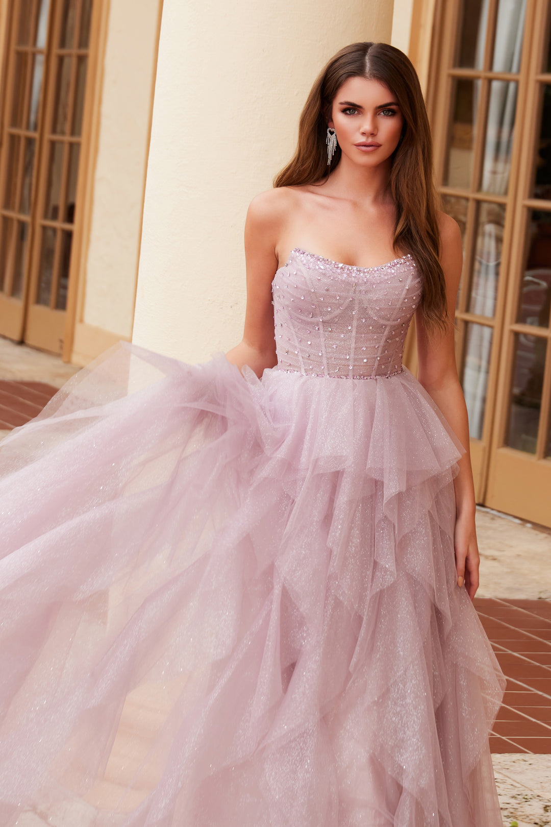 Glitter Strapless Ruffled Gown by Nox Anabel A1591