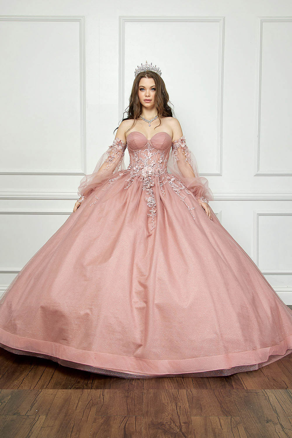 Strapless Puff Sleeve Ball Gown by Petite Adele PQ1046