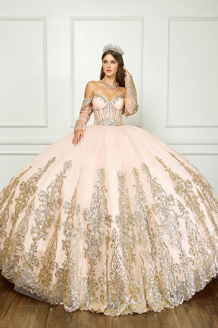 Off Shoulder Long Sleeve Ball Gown by Petite Adele PQ1065