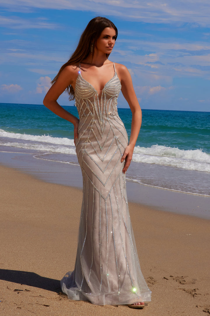 Beaded Fitted Sleeveless Gown by Nox Anabel C1632