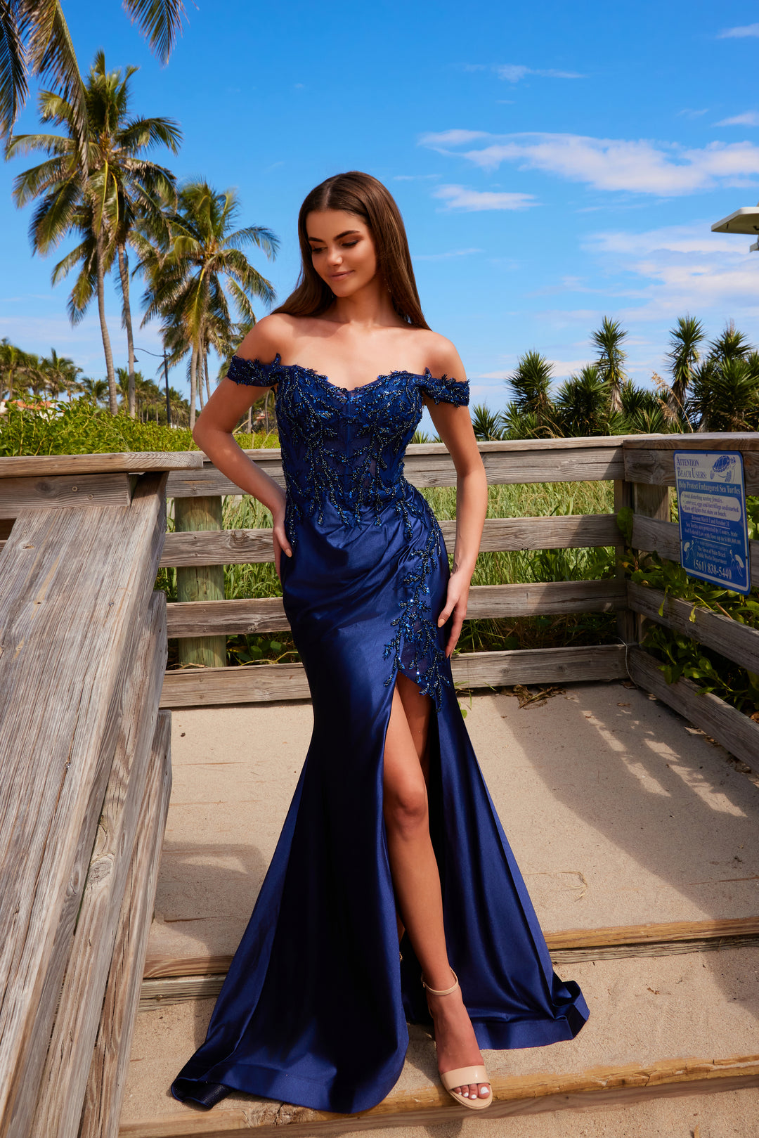 Applique Off Shoulder Slit Gown by Nox Anabel C1647