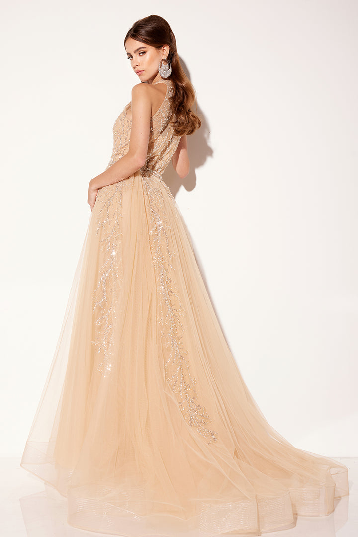 Beaded Halter Overskirt Gown by Lucci Lu C8034