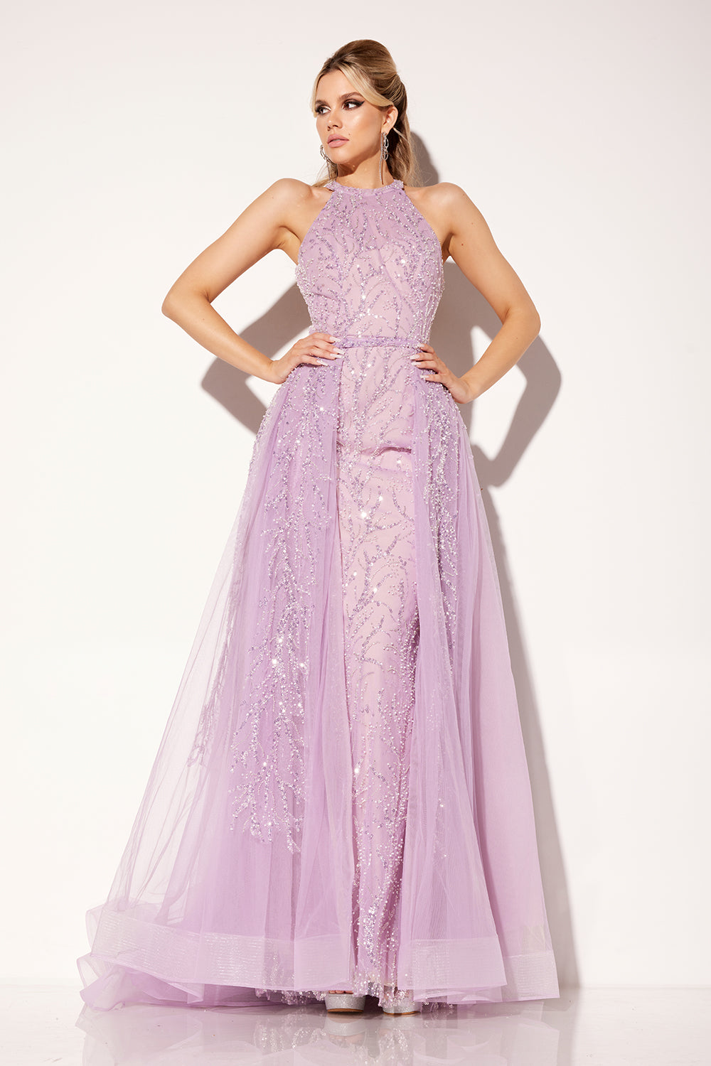 Beaded Halter Overskirt Gown by Lucci Lu C8034