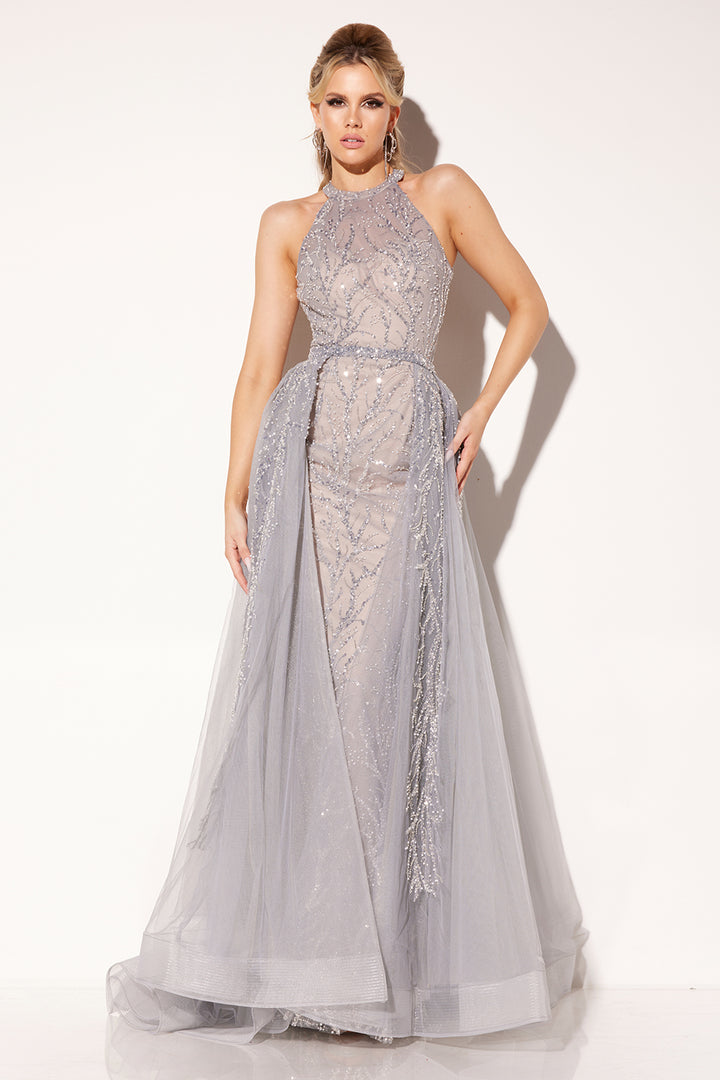 Beaded Halter Overskirt Gown by Lucci Lu C8034