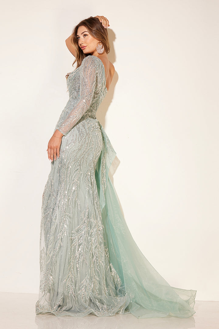 Beaded Long Sleeve Slit Gown by Lucci Lu C8036