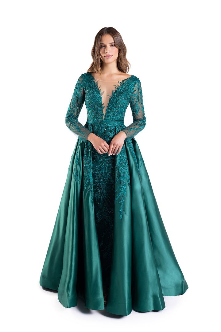 Applique Long Sleeve Overskirt Gown by Lucci Lu C8045