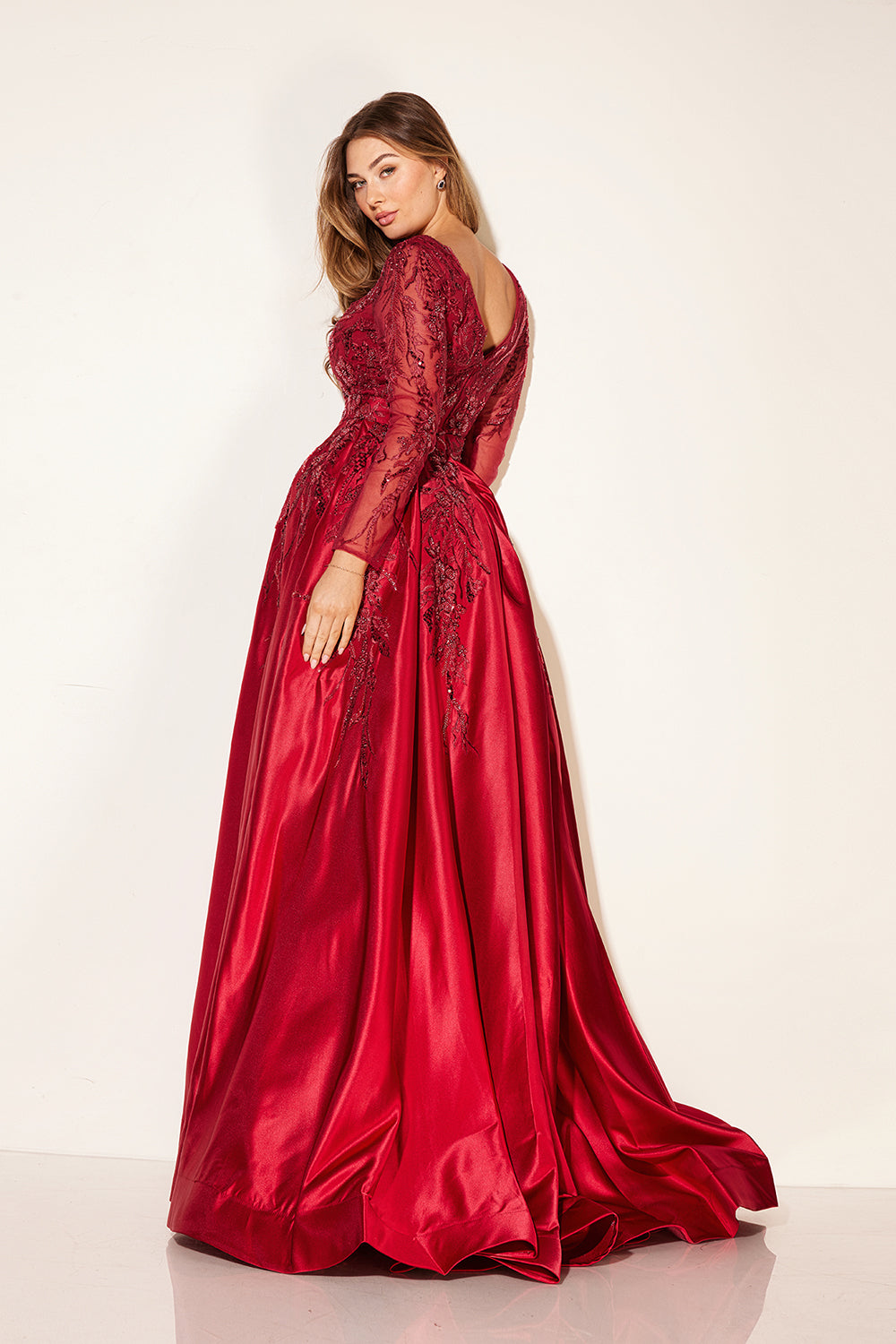 Applique Long Sleeve Overskirt Gown by Lucci Lu C8045