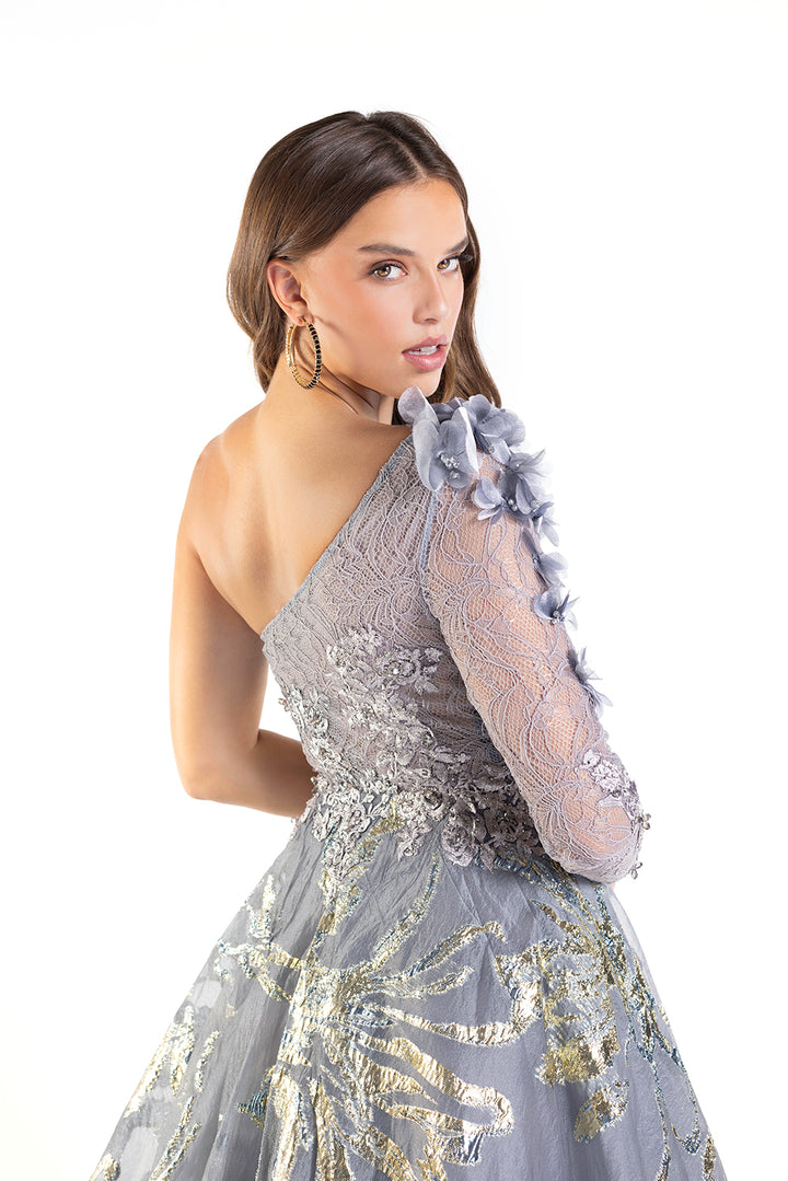 Brocade One Shoulder A-line Gown by Lucci Lu C8054