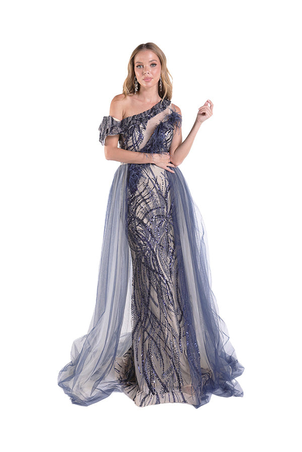 Feather One Shoulder Overskirt Gown by Lucci Lu C8058