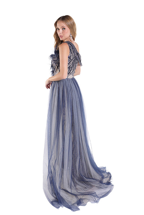 Feather One Shoulder Overskirt Gown by Lucci Lu C8058