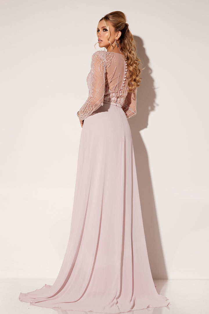 Chiffon Long Sleeve Slit Gown by Lucci Lu C8069