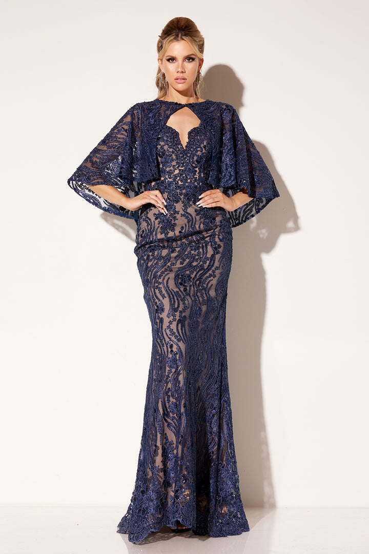 Lace Fitted 2-Piece Cape Gown by Lucci Lu C8086