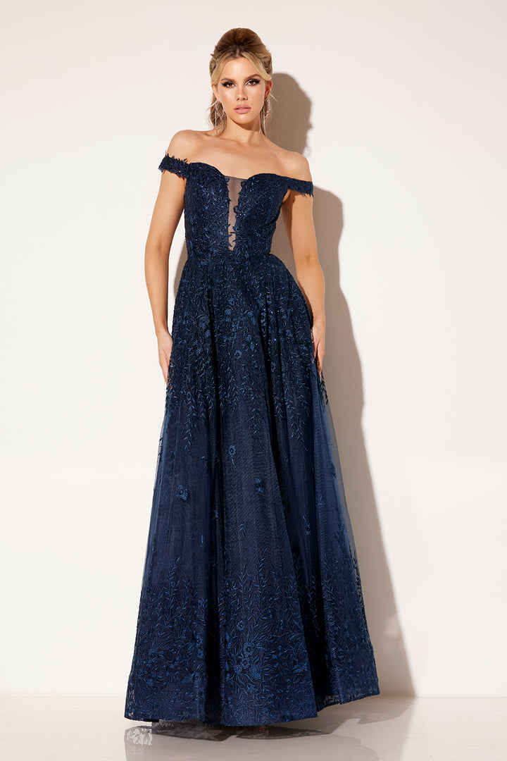 Embroidered Off Shoulder Gown by Lucci Lu C8090