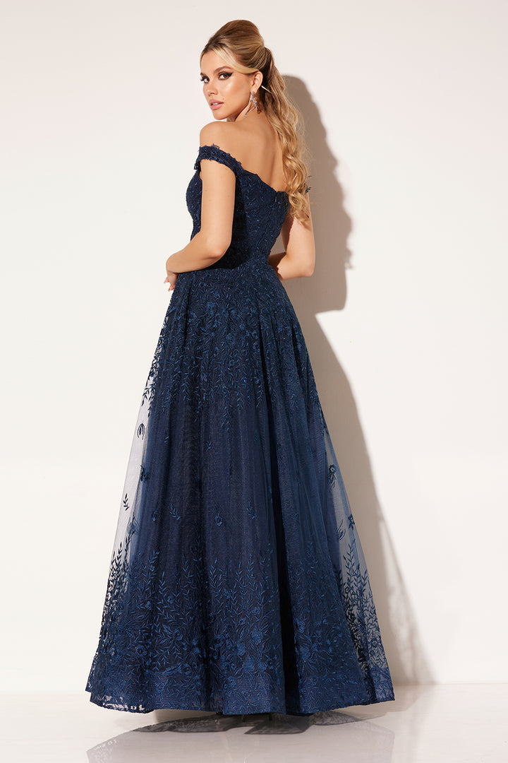 Embroidered Off Shoulder Gown by Lucci Lu C8090