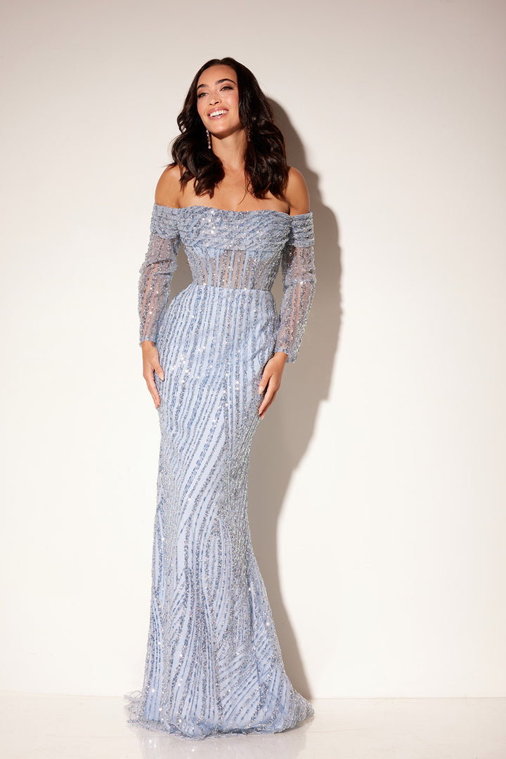 Beaded Off Shoulder Overskirt Gown by Lucci Lu C8112