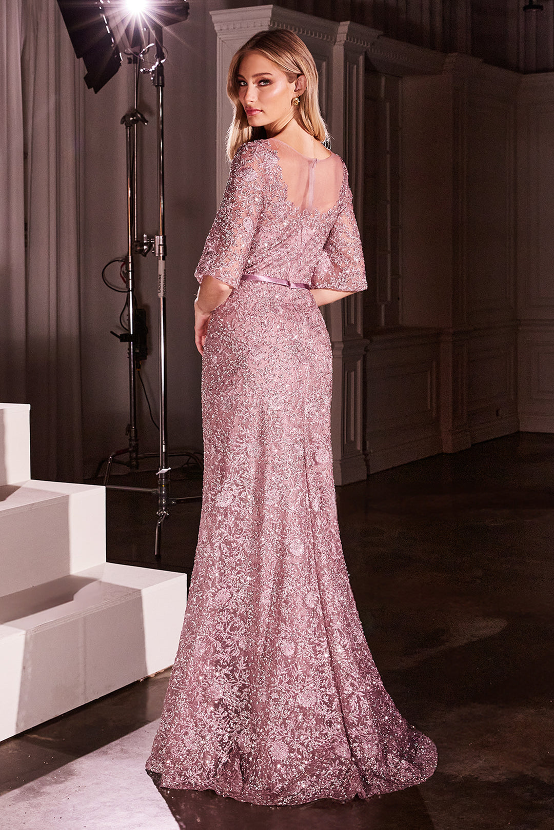 Lace Fitted Mid-Sleeve Gown by Ladivine CB149 - Outlet