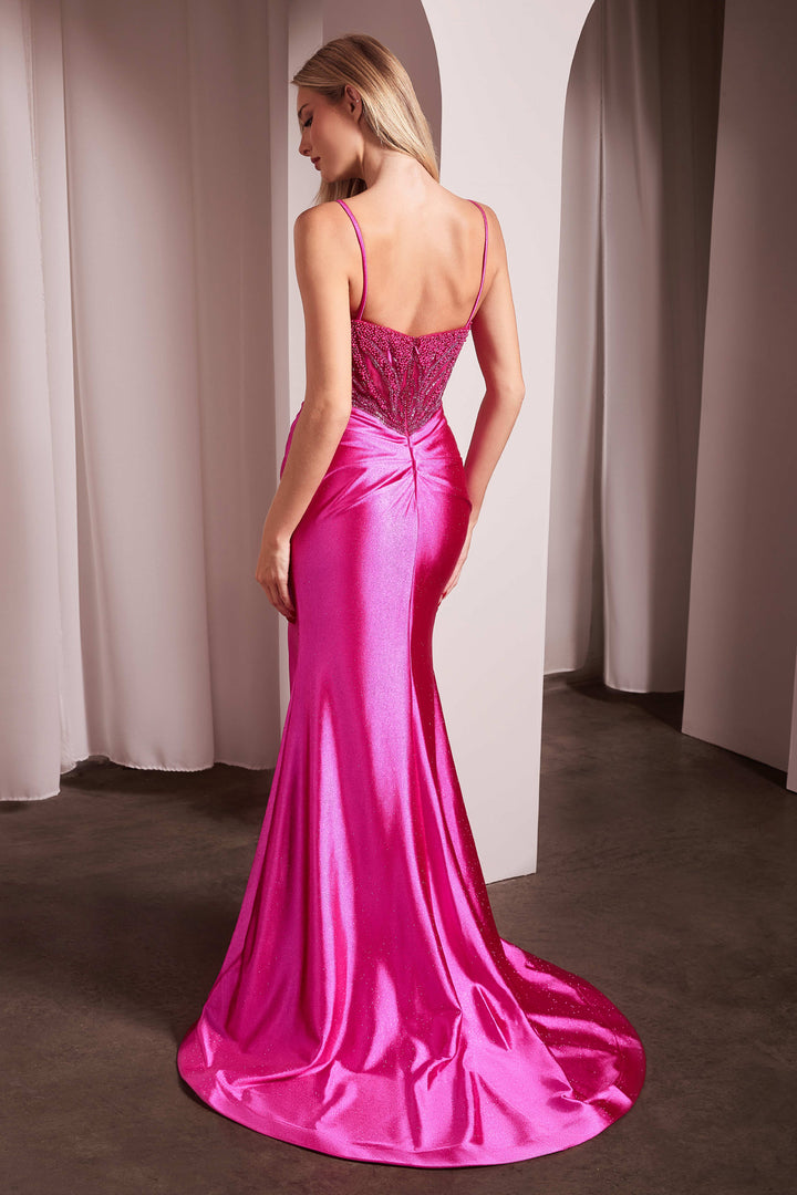 Pearl Beaded V-Neck Slit Gown by Ladivine CC0238