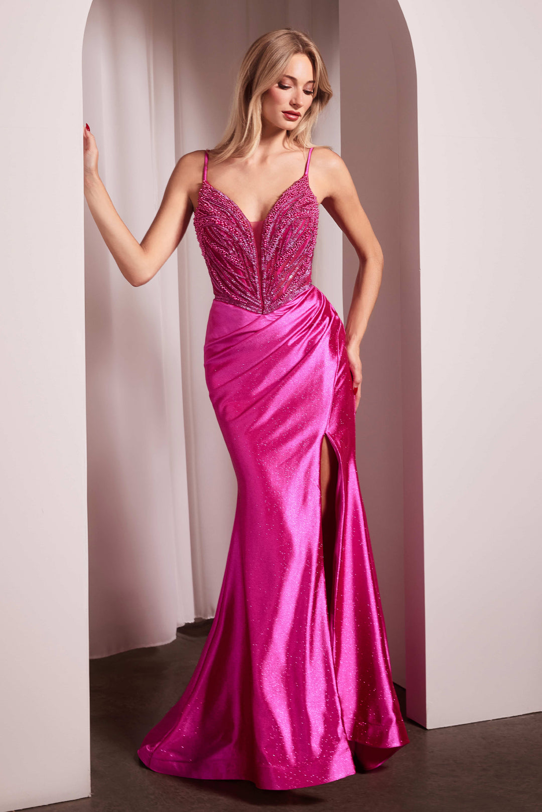 Pearl Beaded V-Neck Slit Gown by Ladivine CC0238