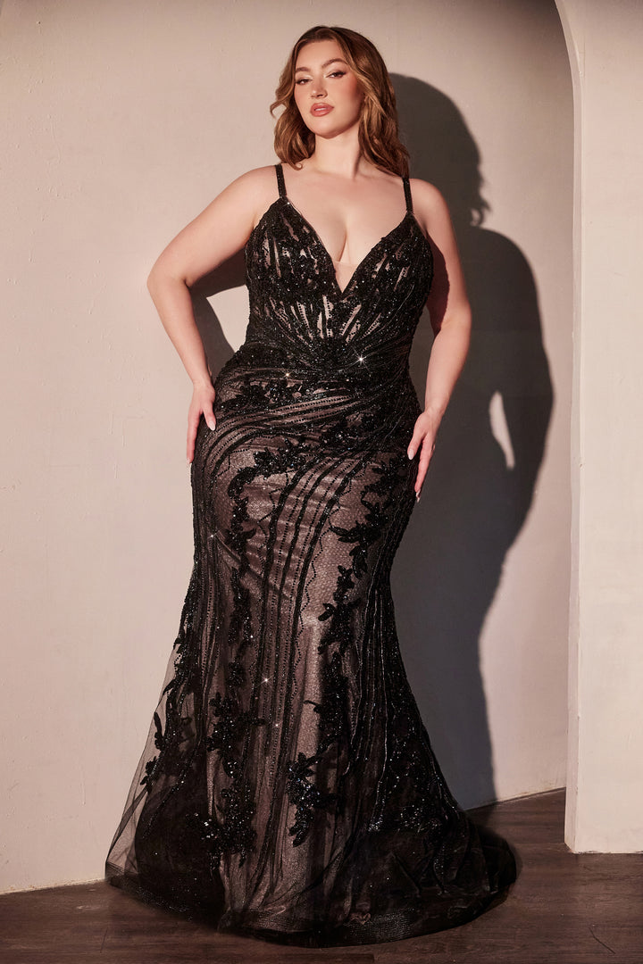 Beaded Plus Size V-Neck Gown by Ladivine CC0389C