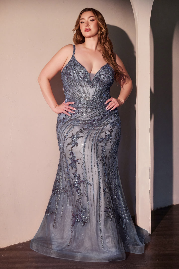 Beaded Plus Size V-Neck Gown by Ladivine CC0389C