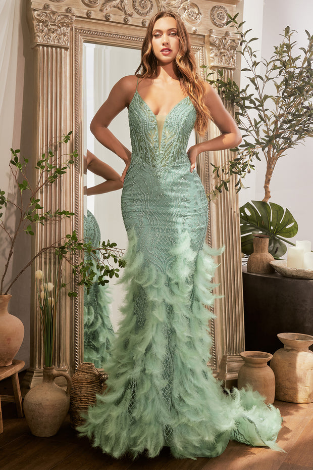 Glitter Sleeveless Feather Mermaid Dress by Ladivine CC1608 – ABC Fashion