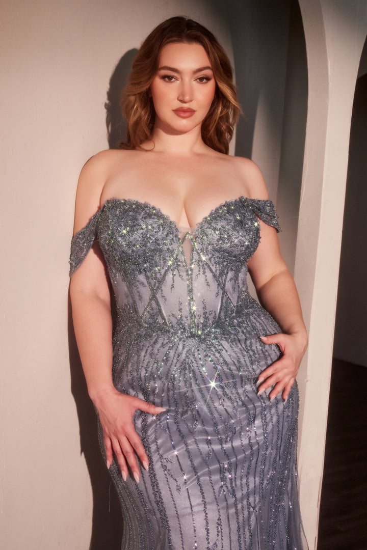 Plus Size Fitted Off Shoulder Gown by Ladivine CC341C