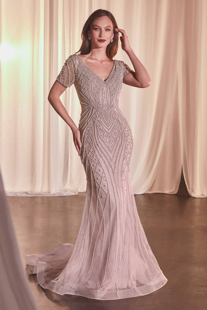 Beaded Fitted Short Sleeve Gown by Ladivine CC4019