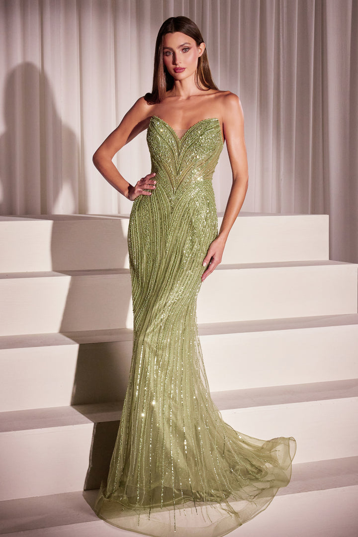 Sequin Fitted Strapless Gown by Ladivine CC416