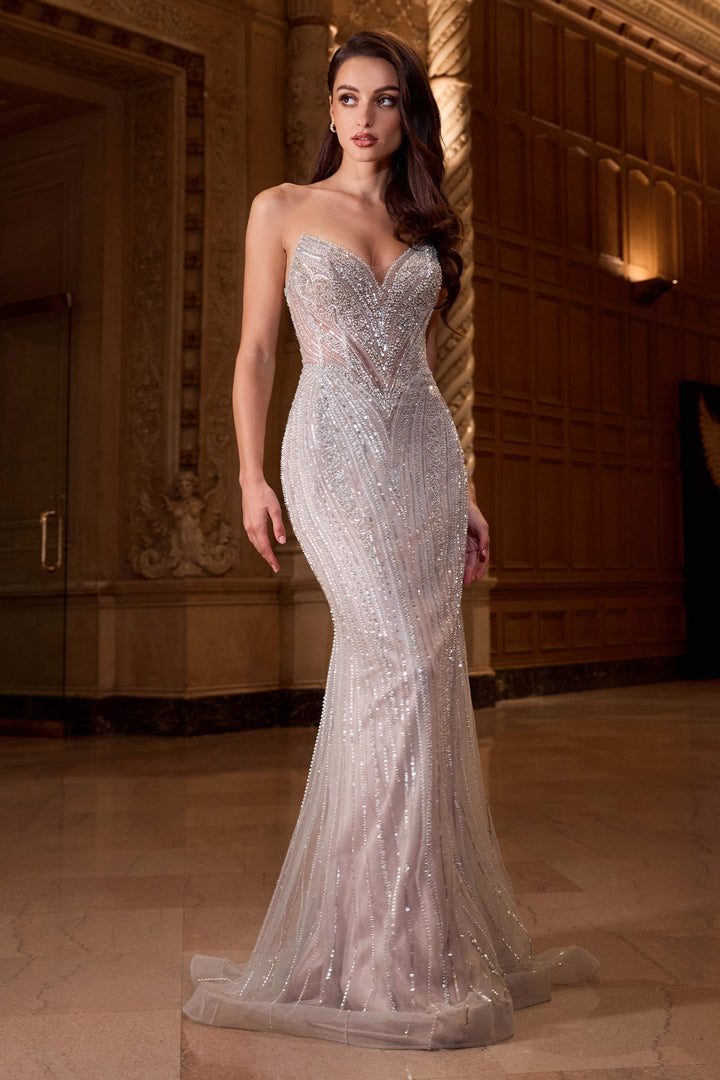 Sequin Fitted Strapless Gown by Ladivine CC416