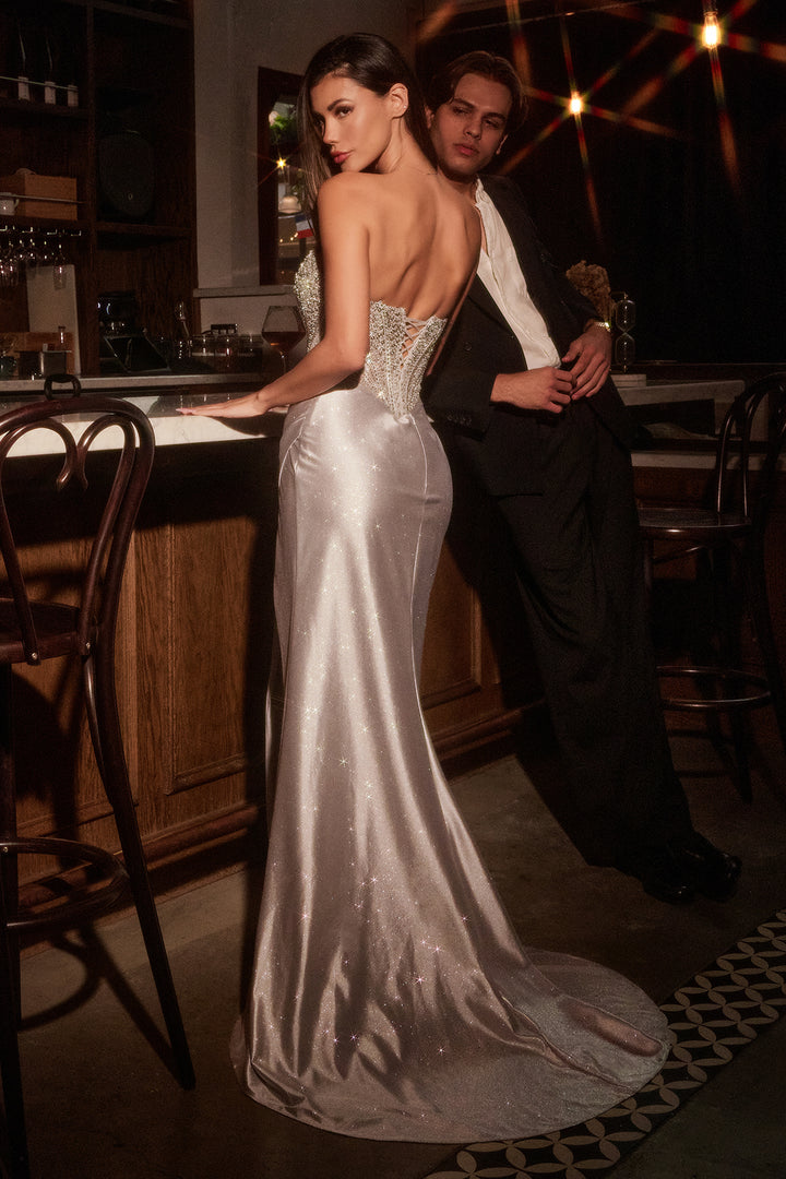 Beaded Satin Strapless Gown by Ladivine CC467