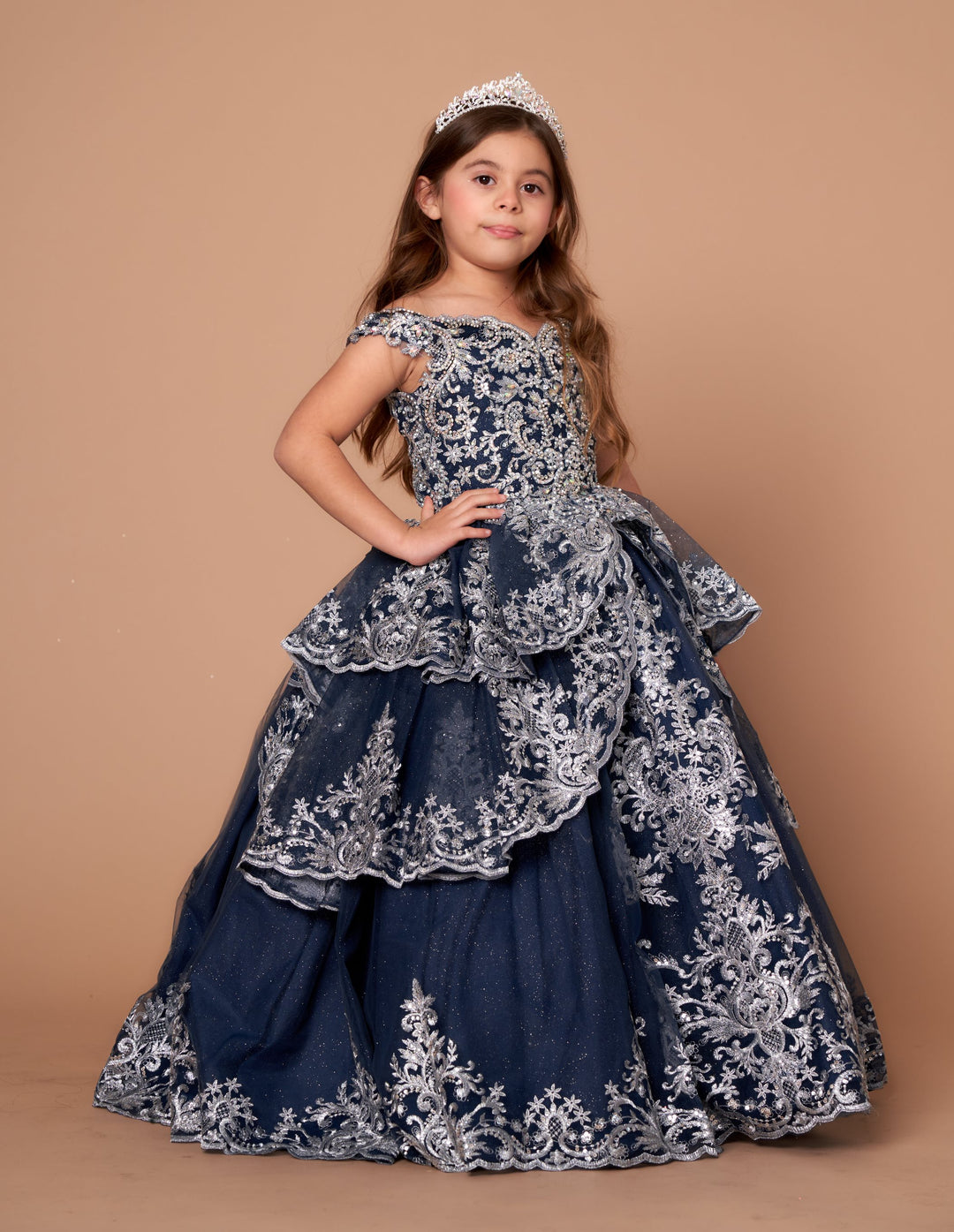 Girls Applique Off Shoulder Layered Gown by Calla WB102