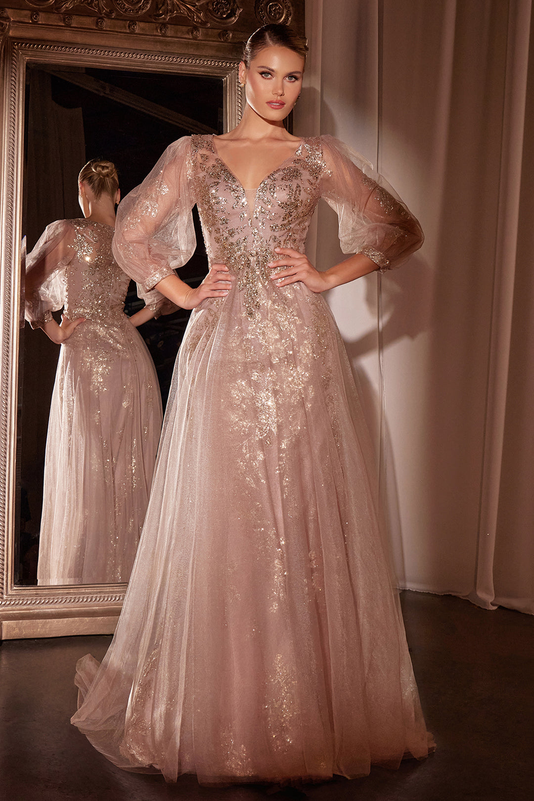 Beaded Long Sleeve A-line Gown by Ladivine CD0102