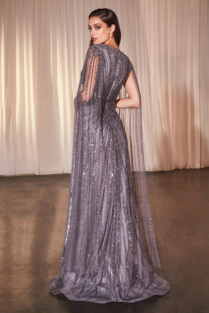 Beaded Cape Sleeve Slit Gown by Ladivine CD0239