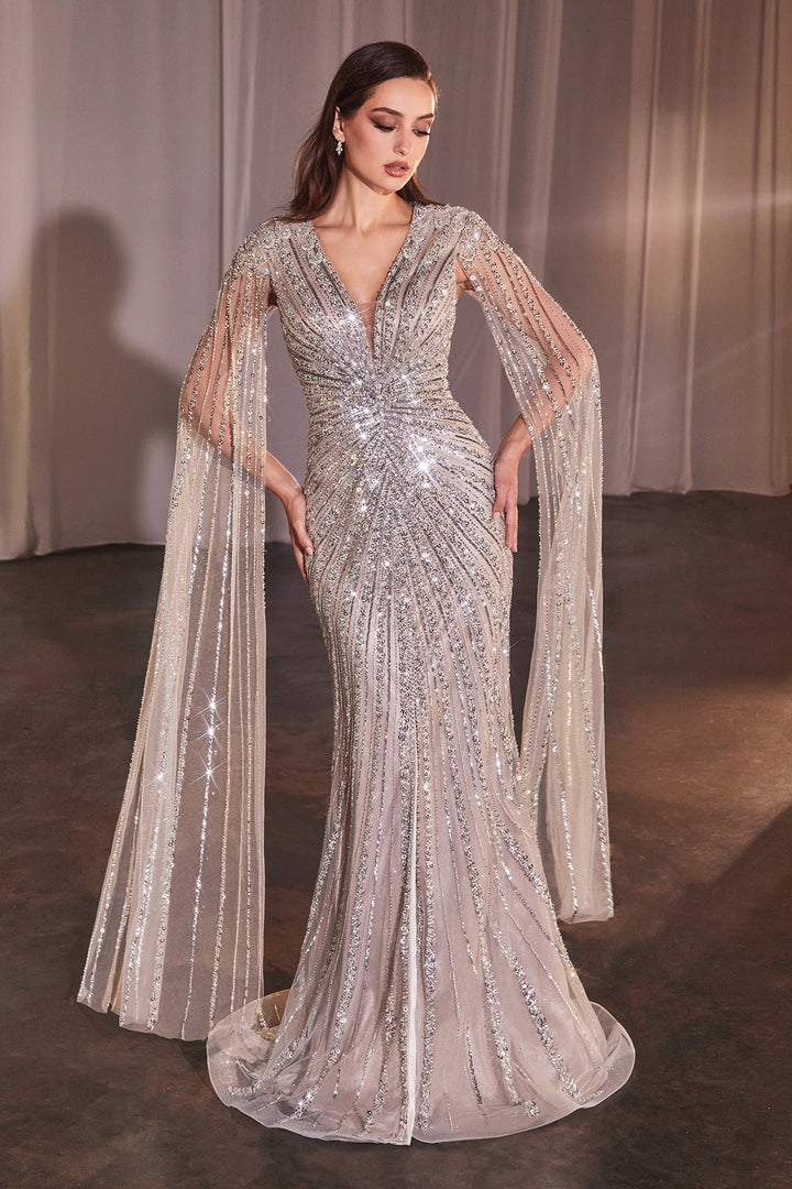 Beaded Cape Sleeve Slit Gown by Ladivine CD0239