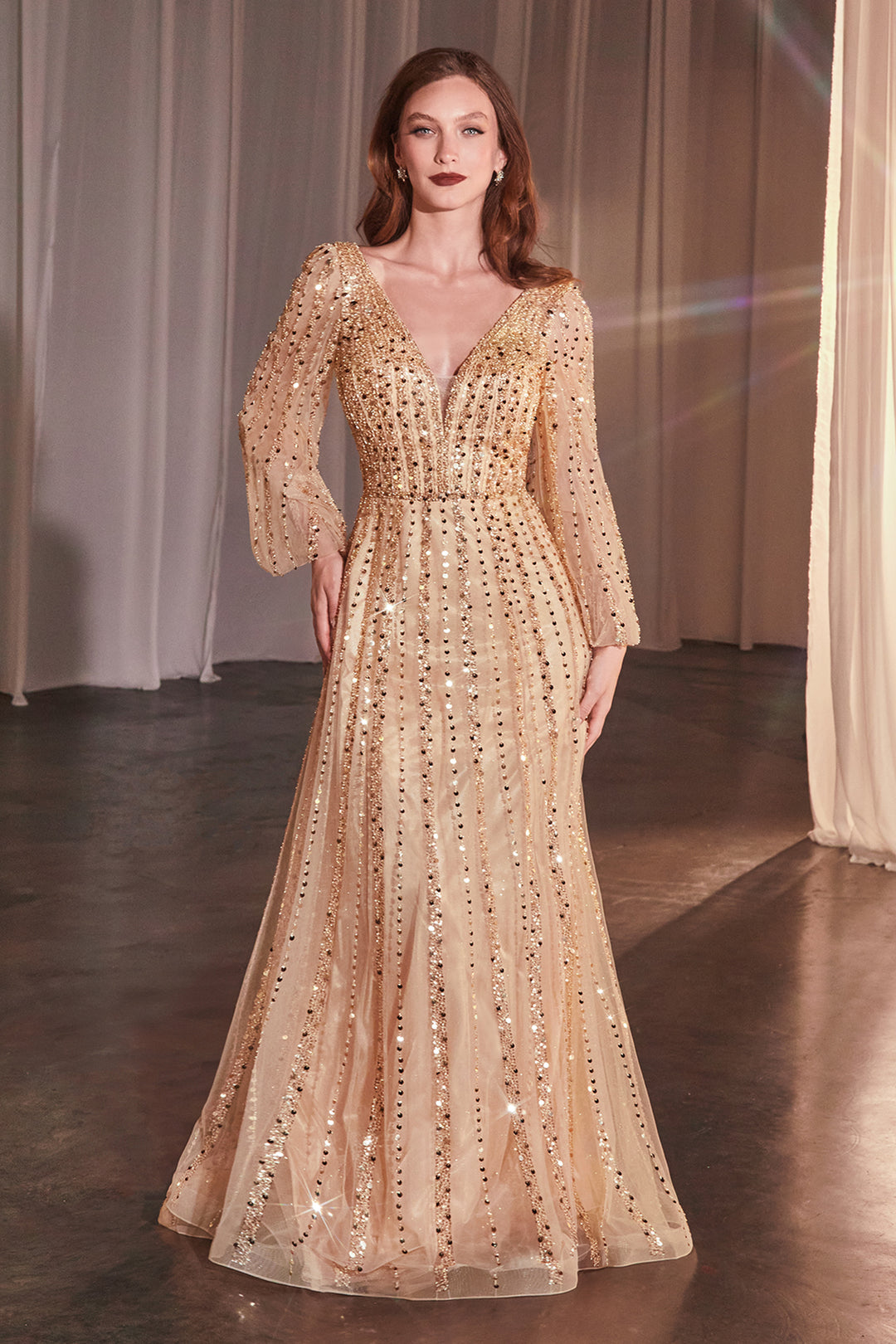 Beaded Long Sleeve A-line Gown by Ladivine CD0240