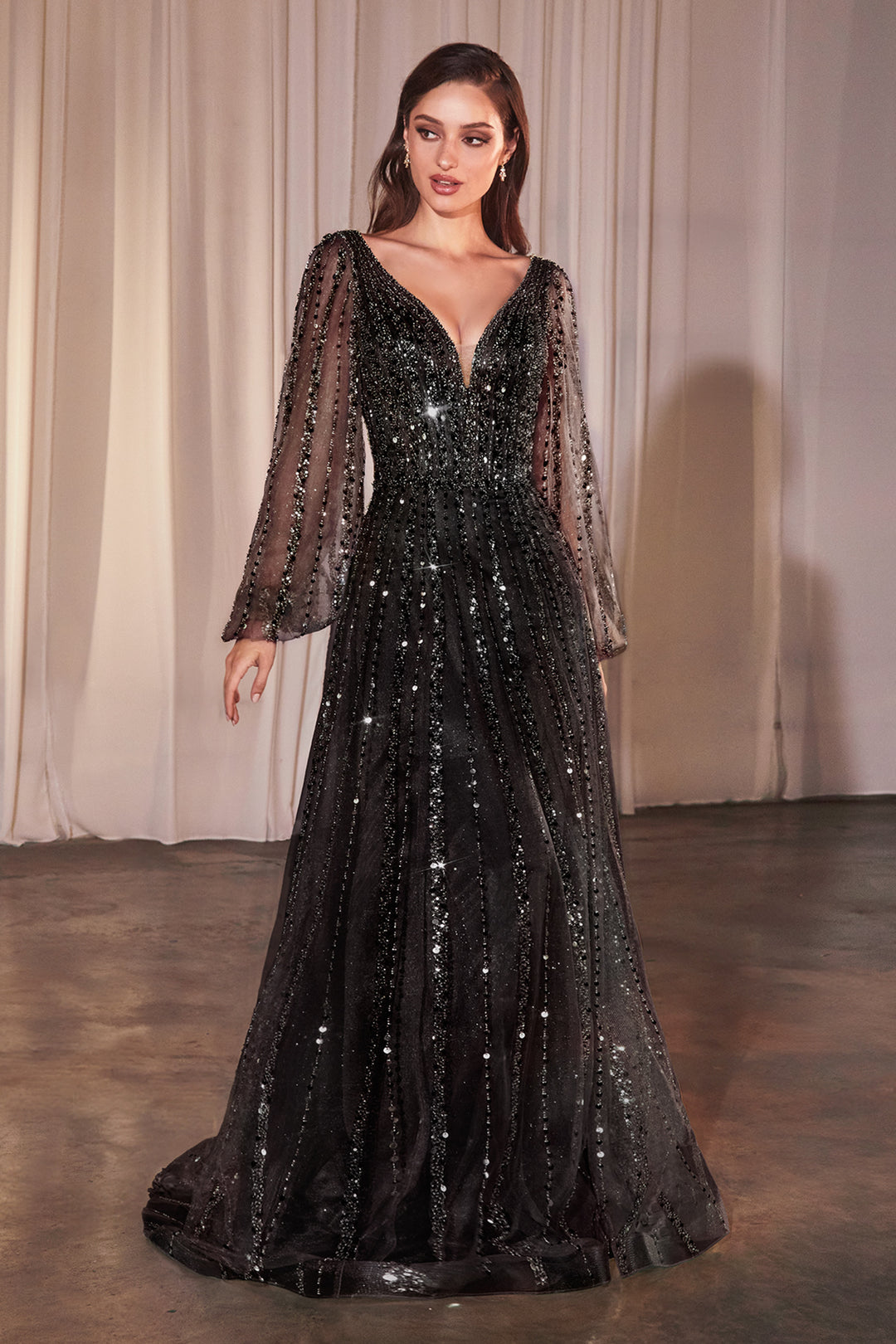 Beaded Long Sleeve A-line Gown by Ladivine CD0240