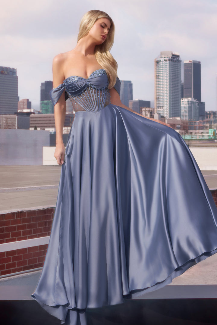 Satin Off Shoulder A-line Slit Gown by Ladivine CD297