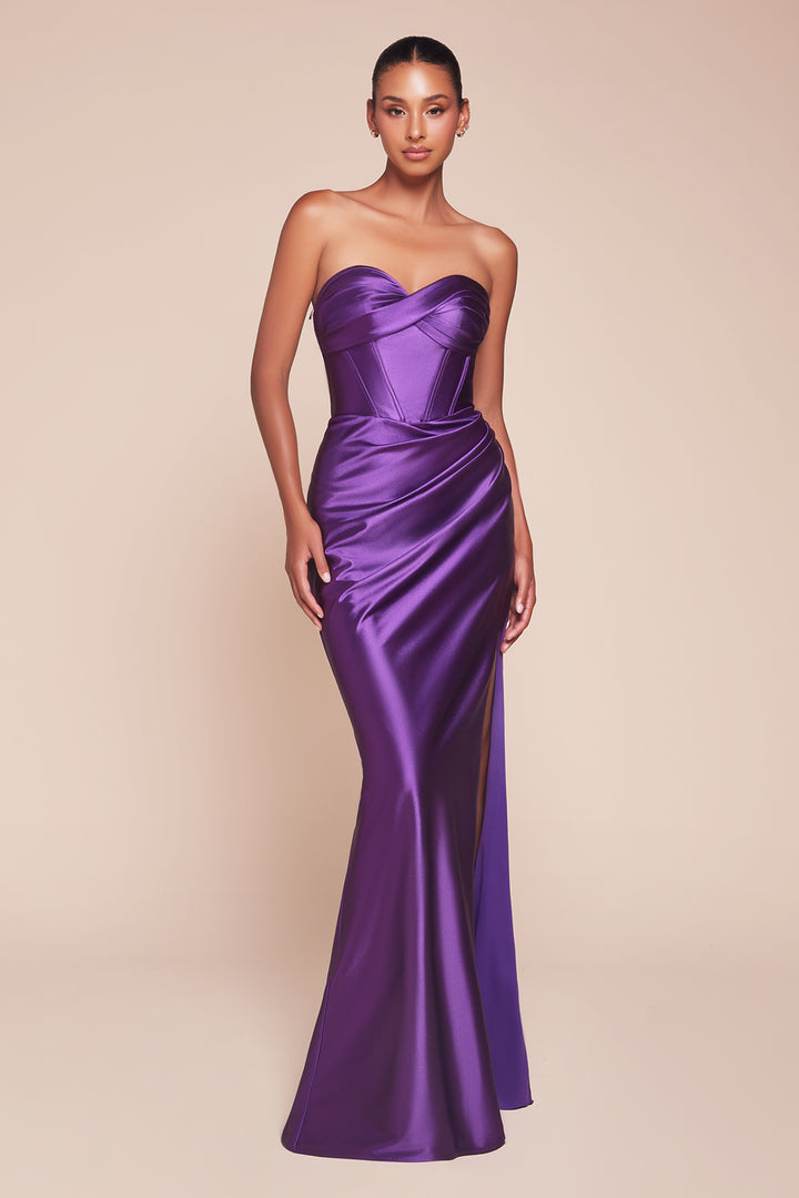 Fitted Satin Strapless Corset Slit Gown by Ladivine CD338