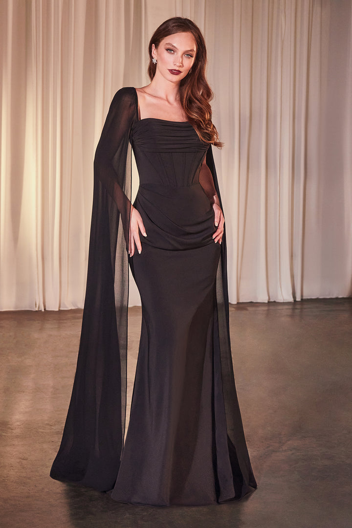 Chiffon Fitted Cape Sleeve Gown by Ladivine CD356