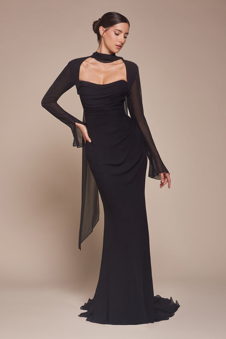 Fitted Long Sleeve Chiffon Gown by Ladivine CD357 - Outlet