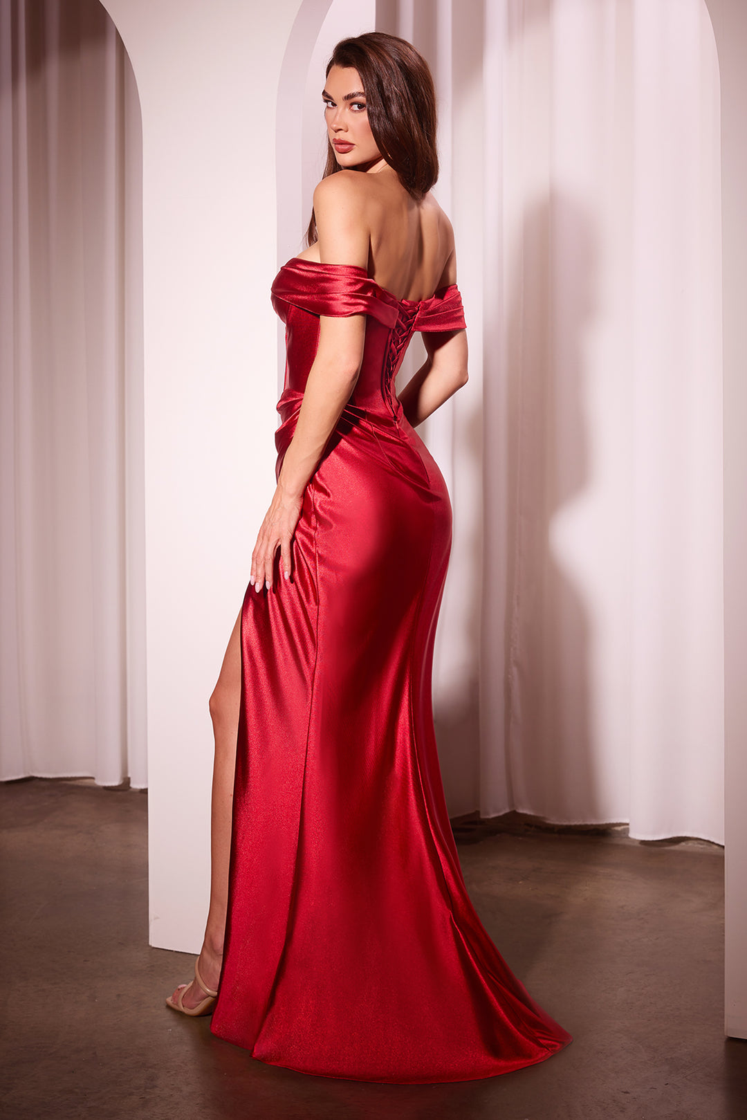 Satin Fitted Off Shoulder Corset Gown by Ladivine CD370