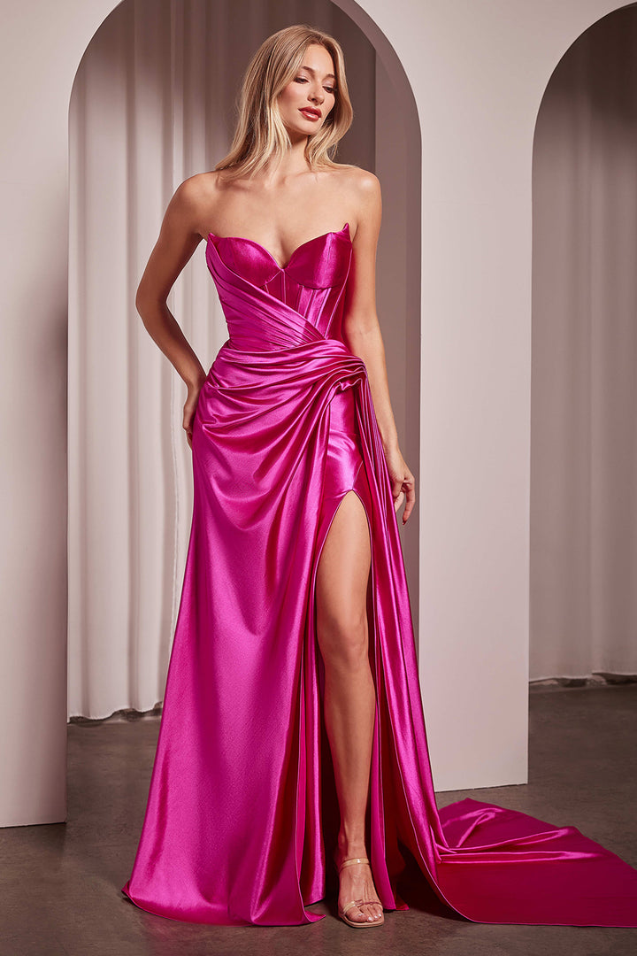 Satin Fitted Strapless Slit Gown by Ladivine CD379