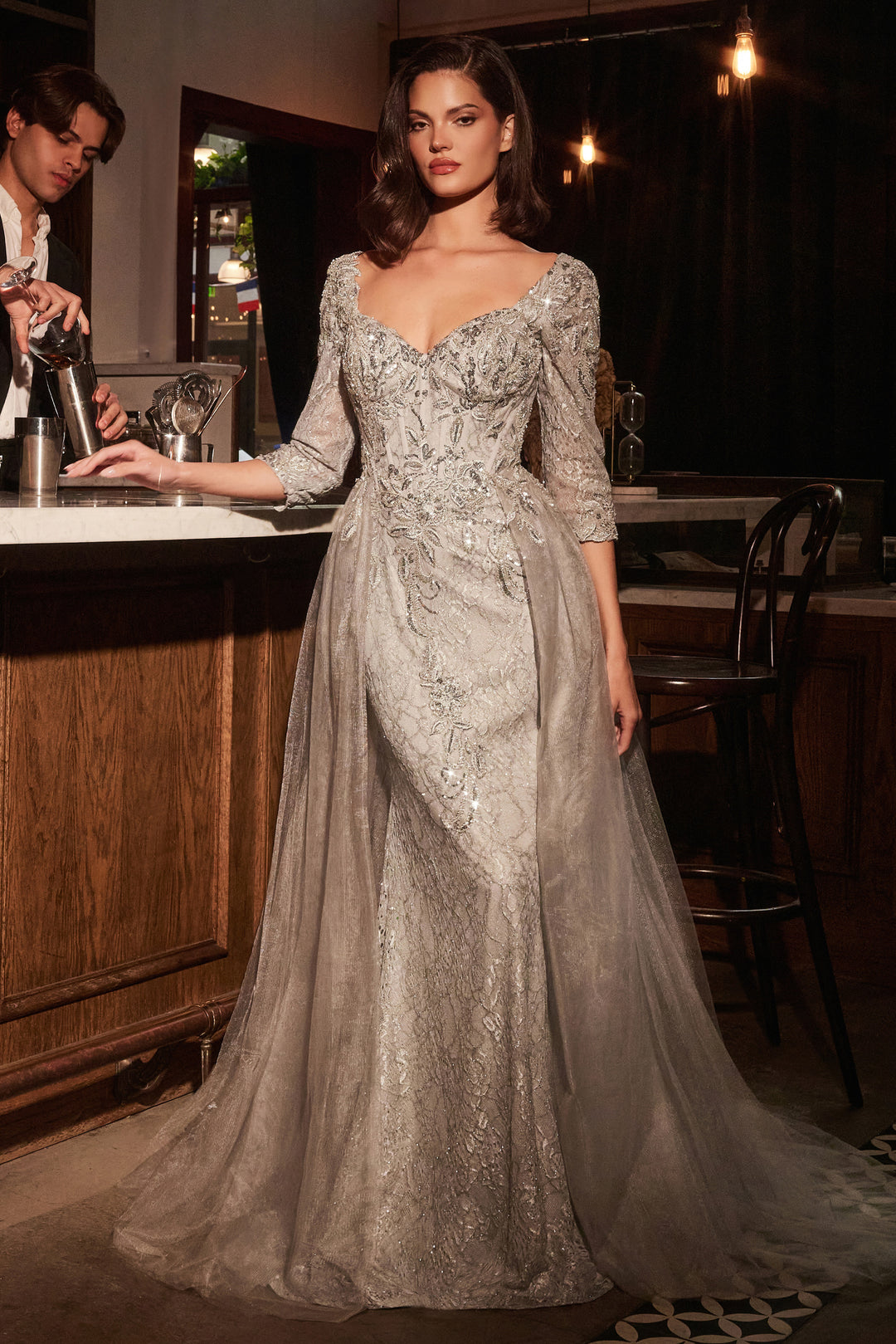 Applique Mid-Sleeve Overskirt Gown by Ladivine CD749