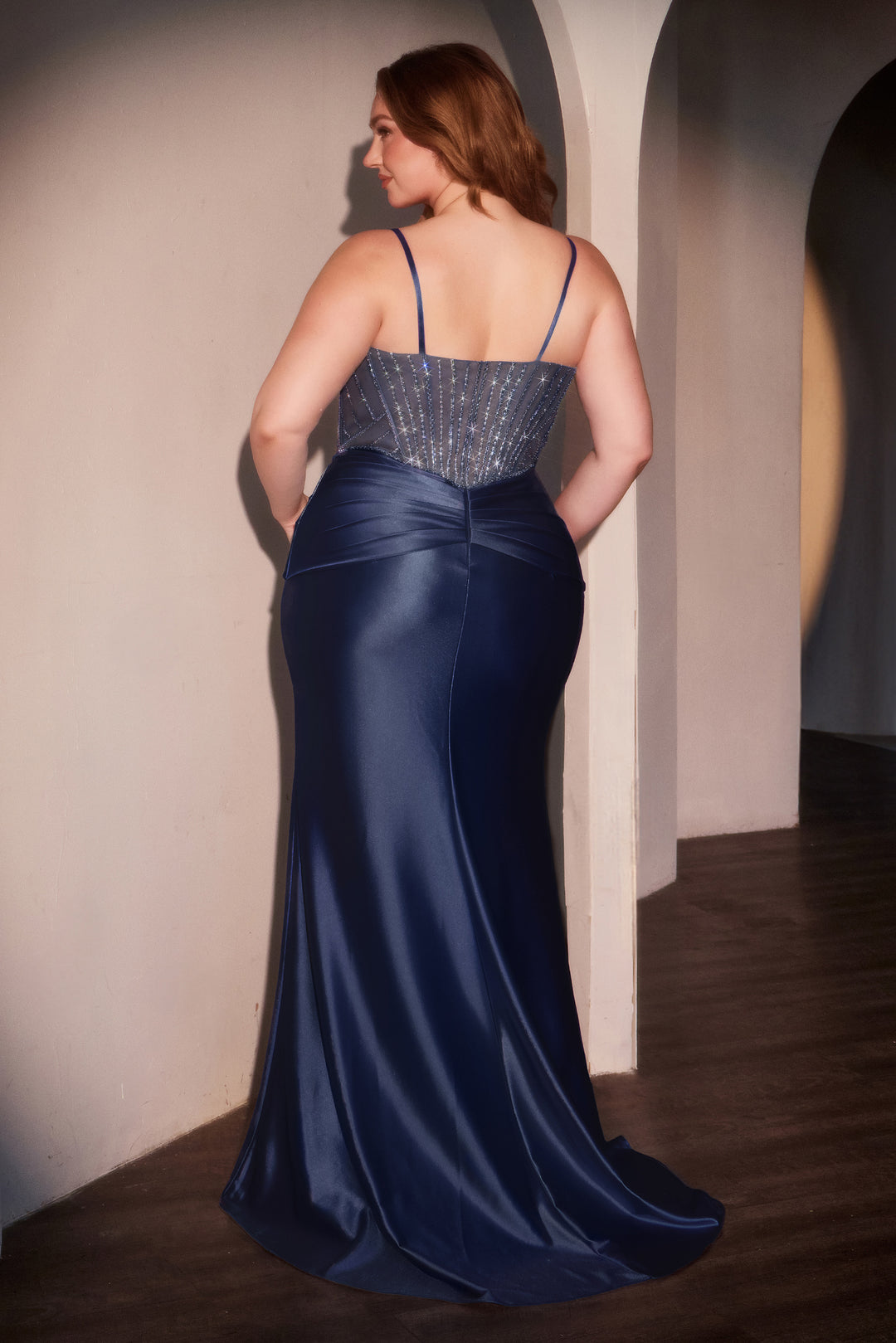 Plus Size Beaded Satin V-Neck Gown by Ladivine CD752C