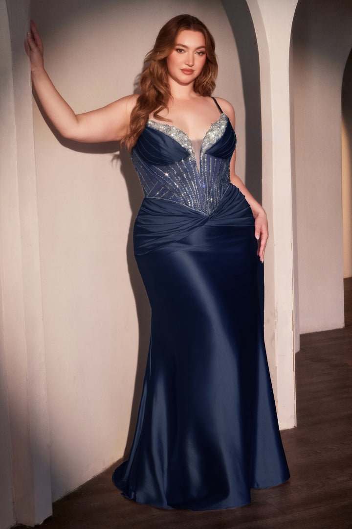 Plus Size Beaded Satin V-Neck Gown by Ladivine CD752C