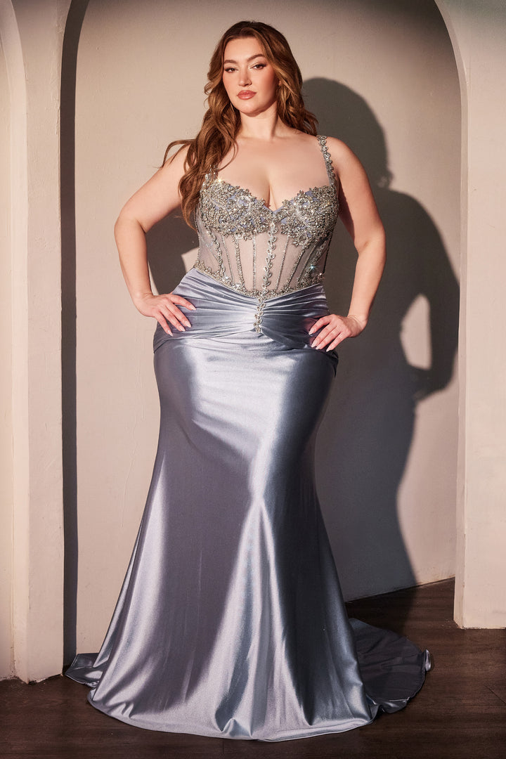 Plus Size Fitted Beaded Satin Gown by Ladivine CD757C