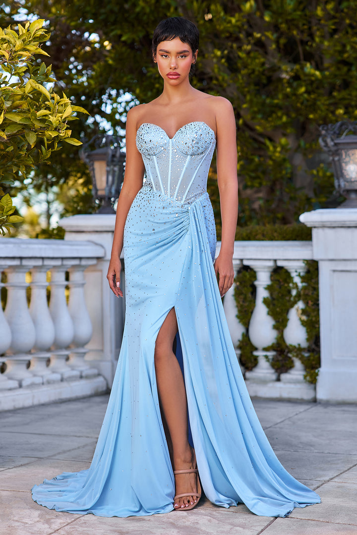 Beaded Strapless Corset Slit Gown by Ladivine CD770